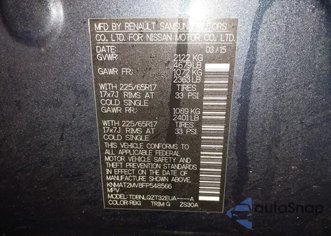 2015 Nissan Rogue Sv z USA, uszkodzony, nr VIN KNMAT2MV8FP548566